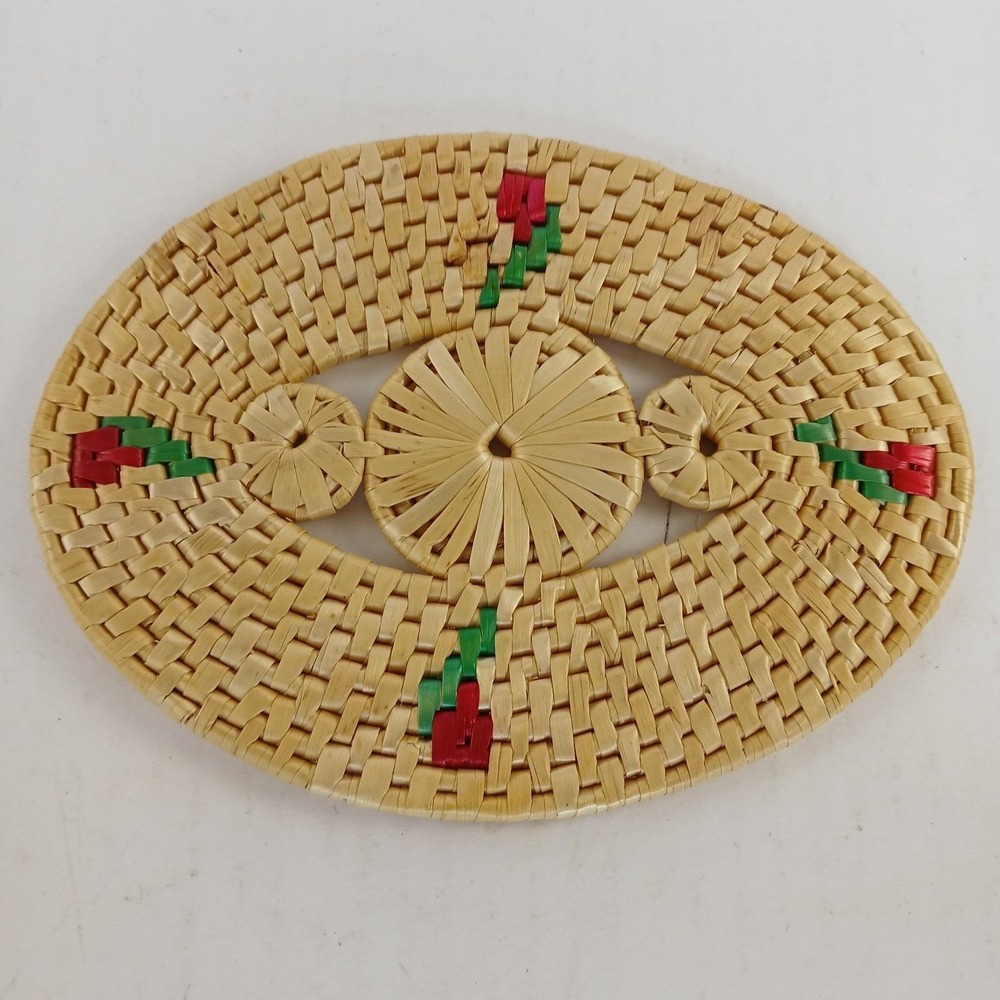 Hot Pad Wicker Straw Trivet Woven Rattan Raffia Boho Wall Decor Cherry Rose Vtg
